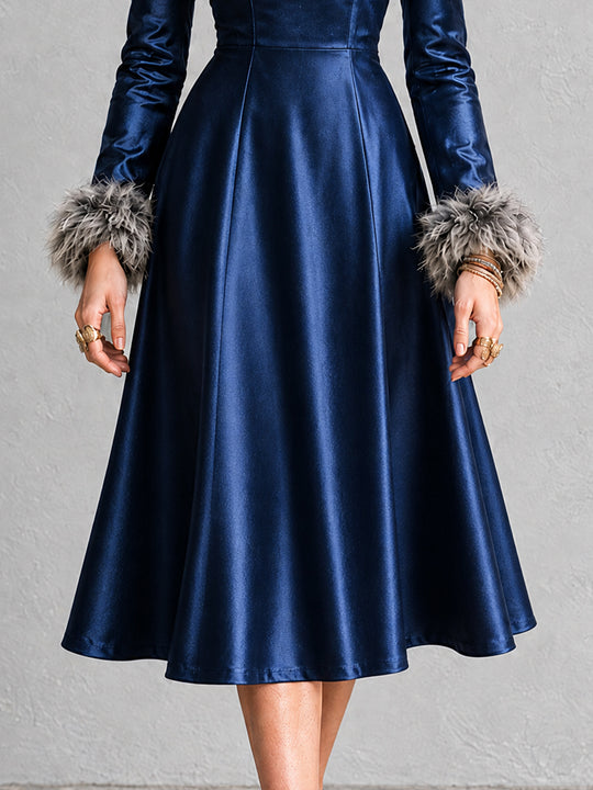 Midnight Bohemian Faux-Leather Fur-Trim Dress