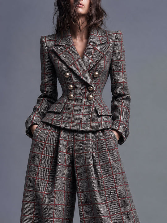 Retro Tailored Double-Breasted Plaid Blazer
