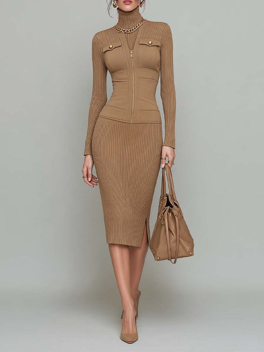 Elegant Ribbed Knit Turtleneck Zip-Up Midi Bodycon Dress