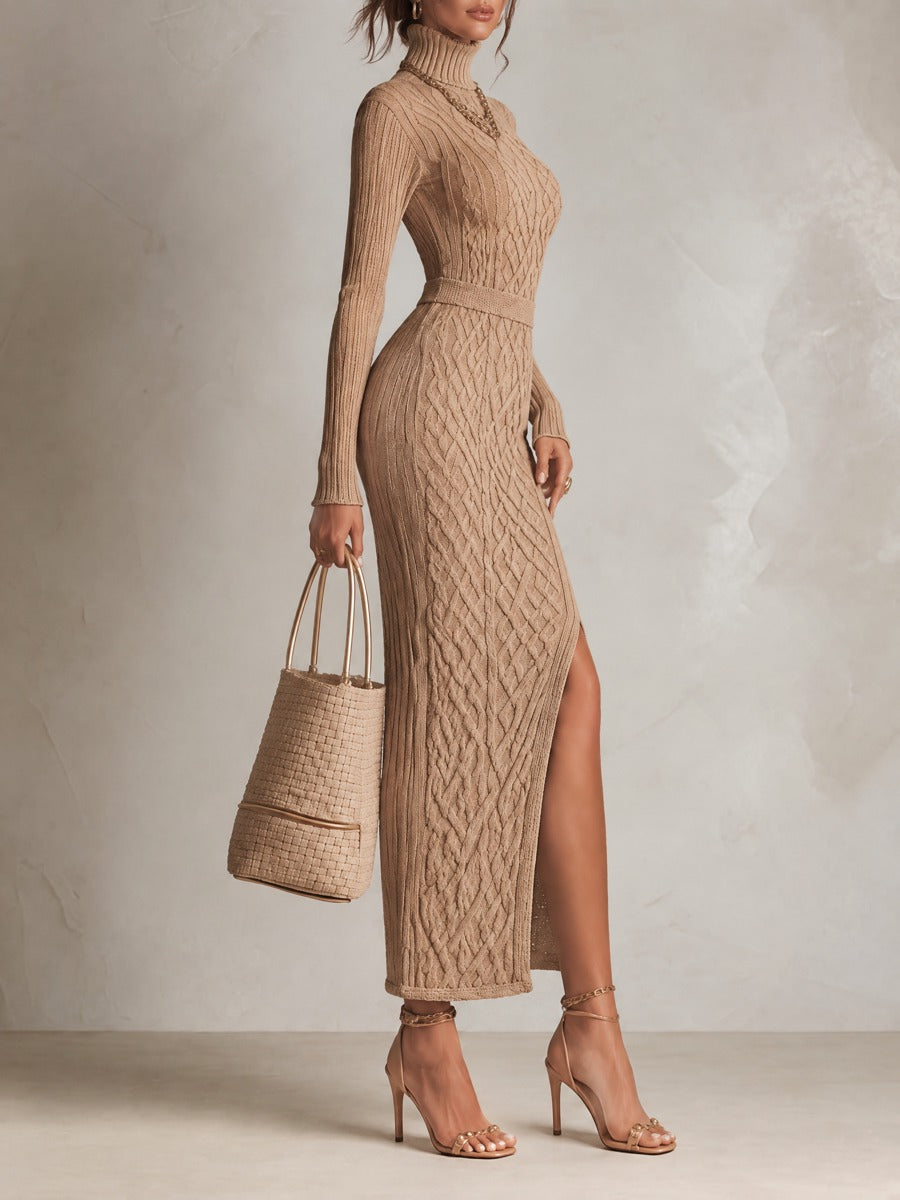 Elegant Cable Knit Turtleneck Bodycon Maxi Sweater Dress With Thigh Slit
