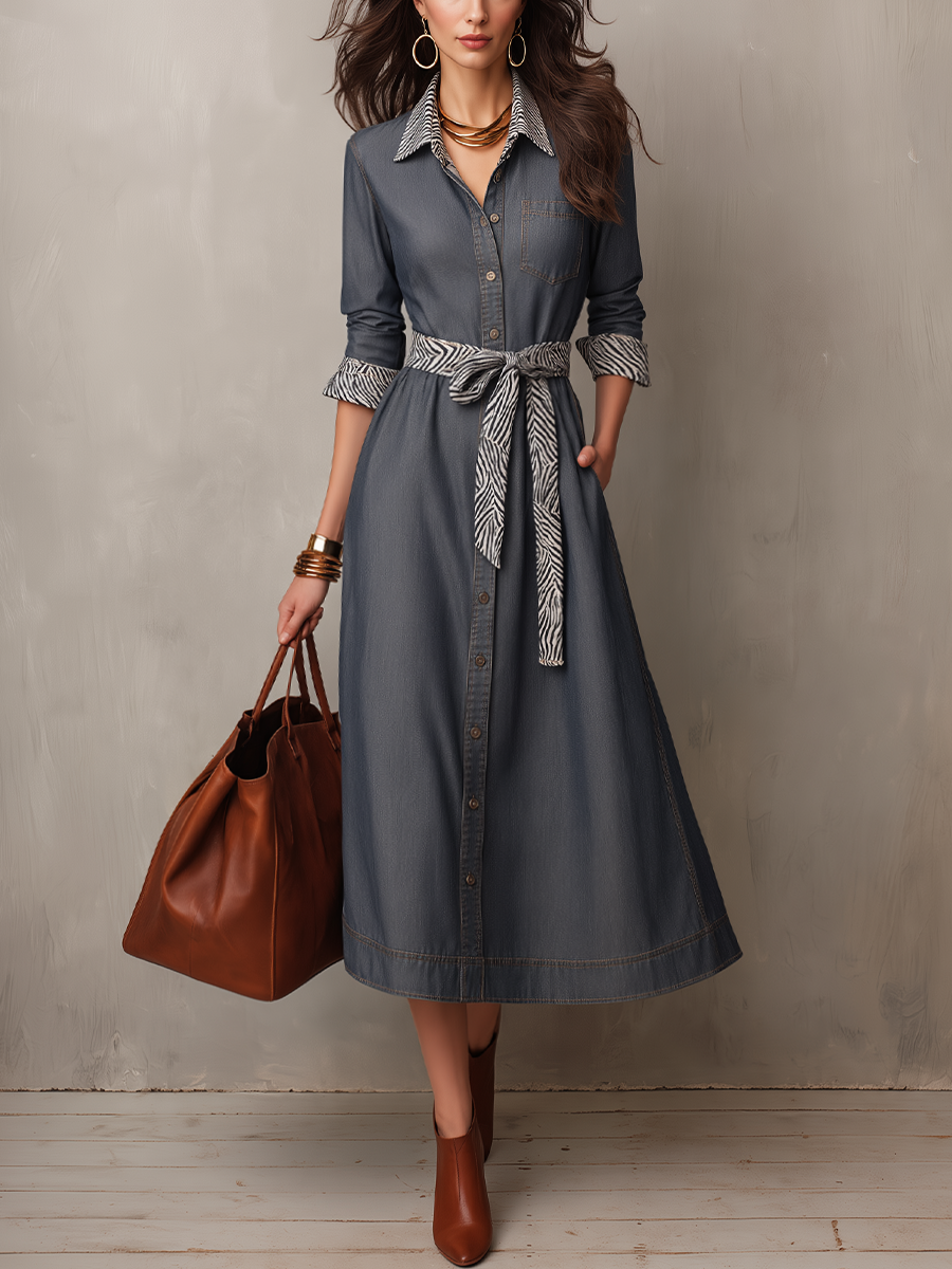 Women's Denim Shirt Dress with Zebra Print Collar & Tie Belt