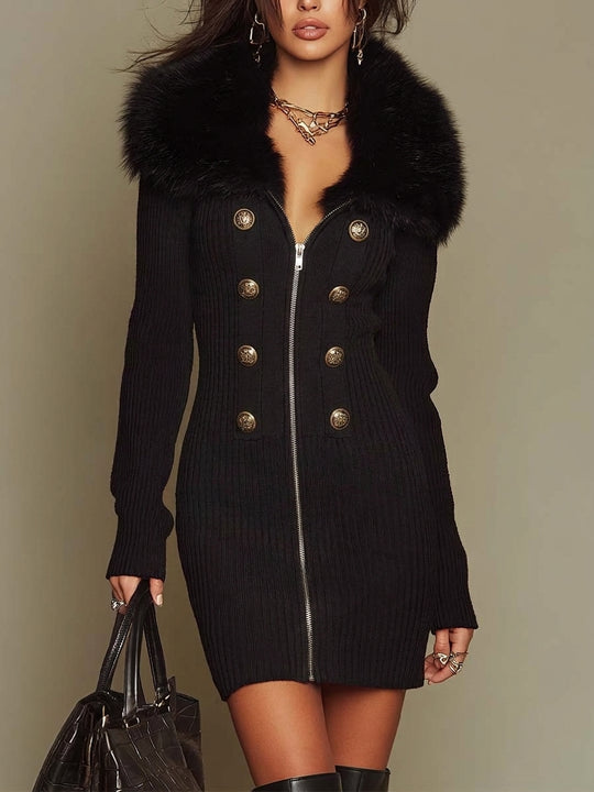 Faux Fur Collar Zip-Up Ribbed Knit Bodycon Sweater Dress