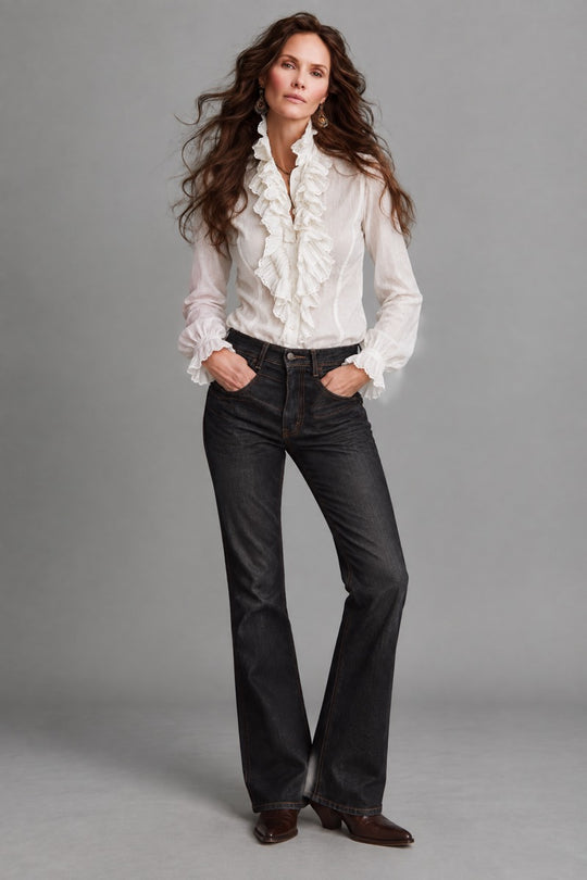 Retro Ruffled Eyelet Lace Front Long Sleeve Blouse