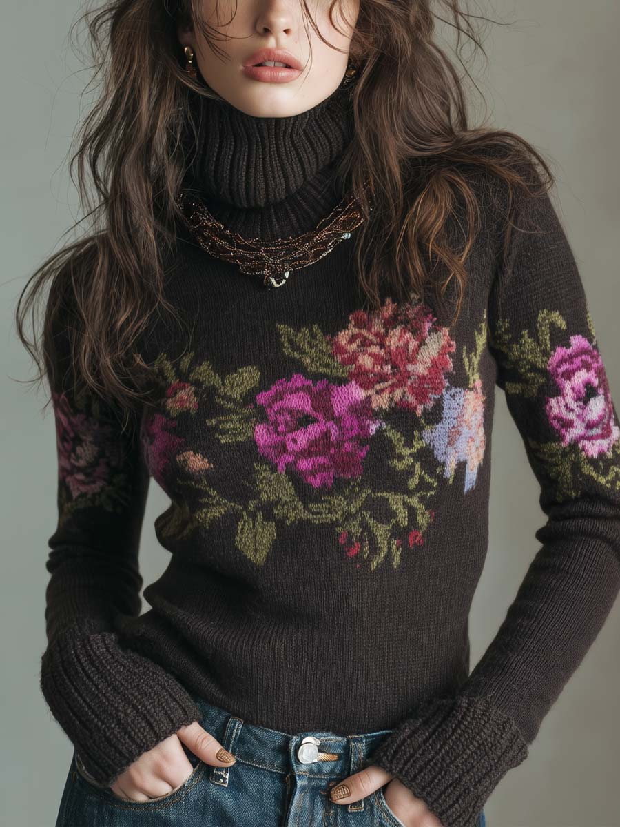 Oil Painting-style Floral Knit Sweater