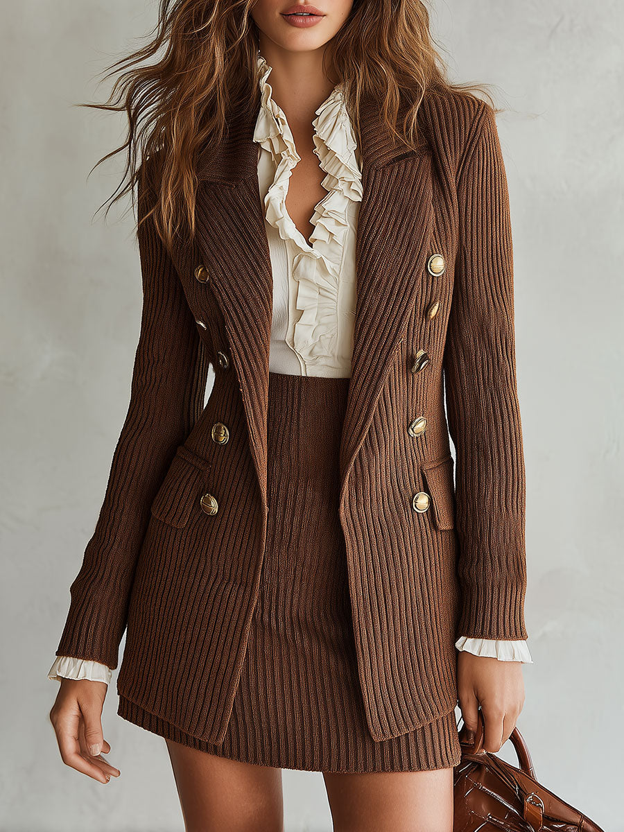 Retro Ribbed Knit Double-breasted Blazer & Mini Skirt Set