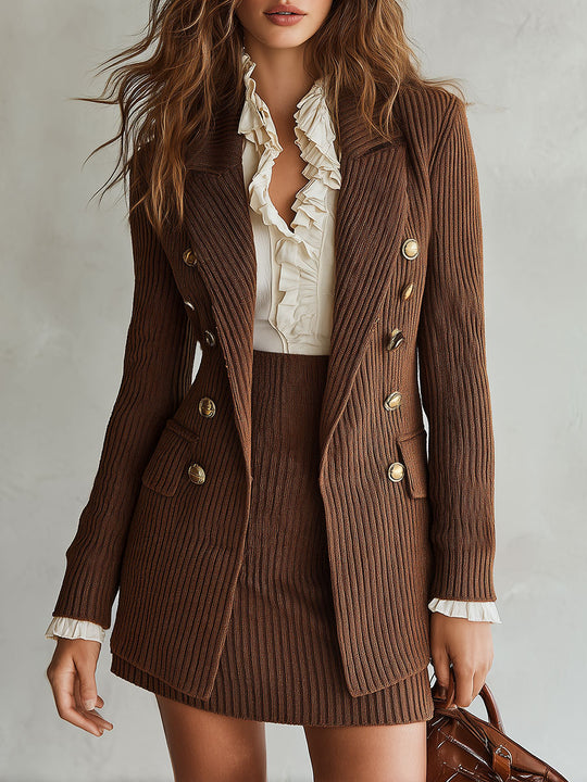 Retro Ribbed Knit Double-breasted Blazer & Mini Skirt Set