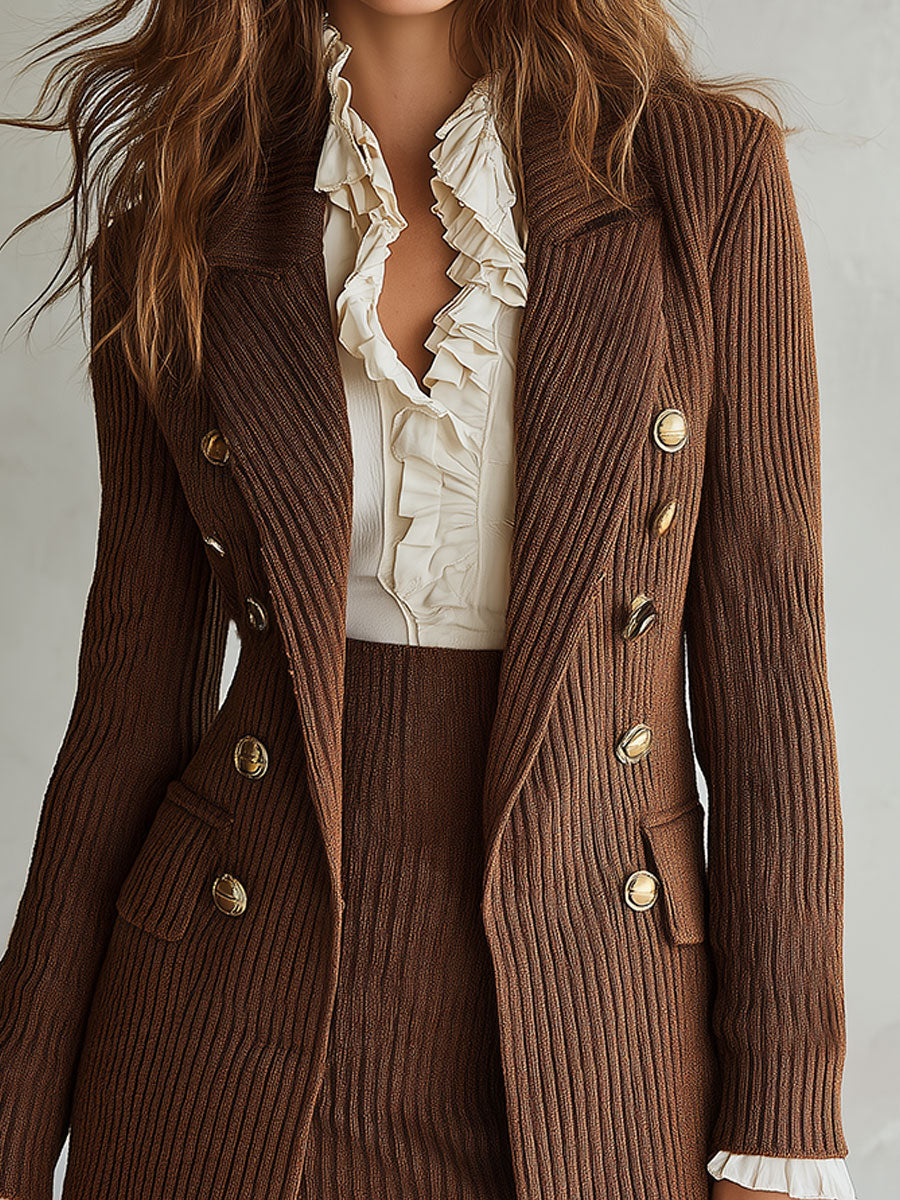 Retro Ribbed Knit Double-breasted Blazer & Mini Skirt Set