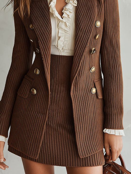 Retro Ribbed Knit Double-breasted Blazer & Mini Skirt Set