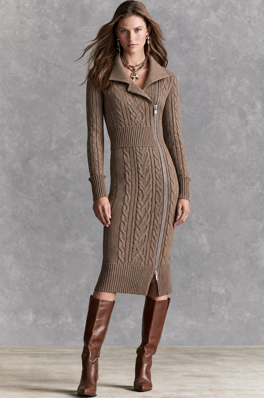 Retro Asymmetric Diagonal Zip Collared Taupe Cable Knit Midi Dress