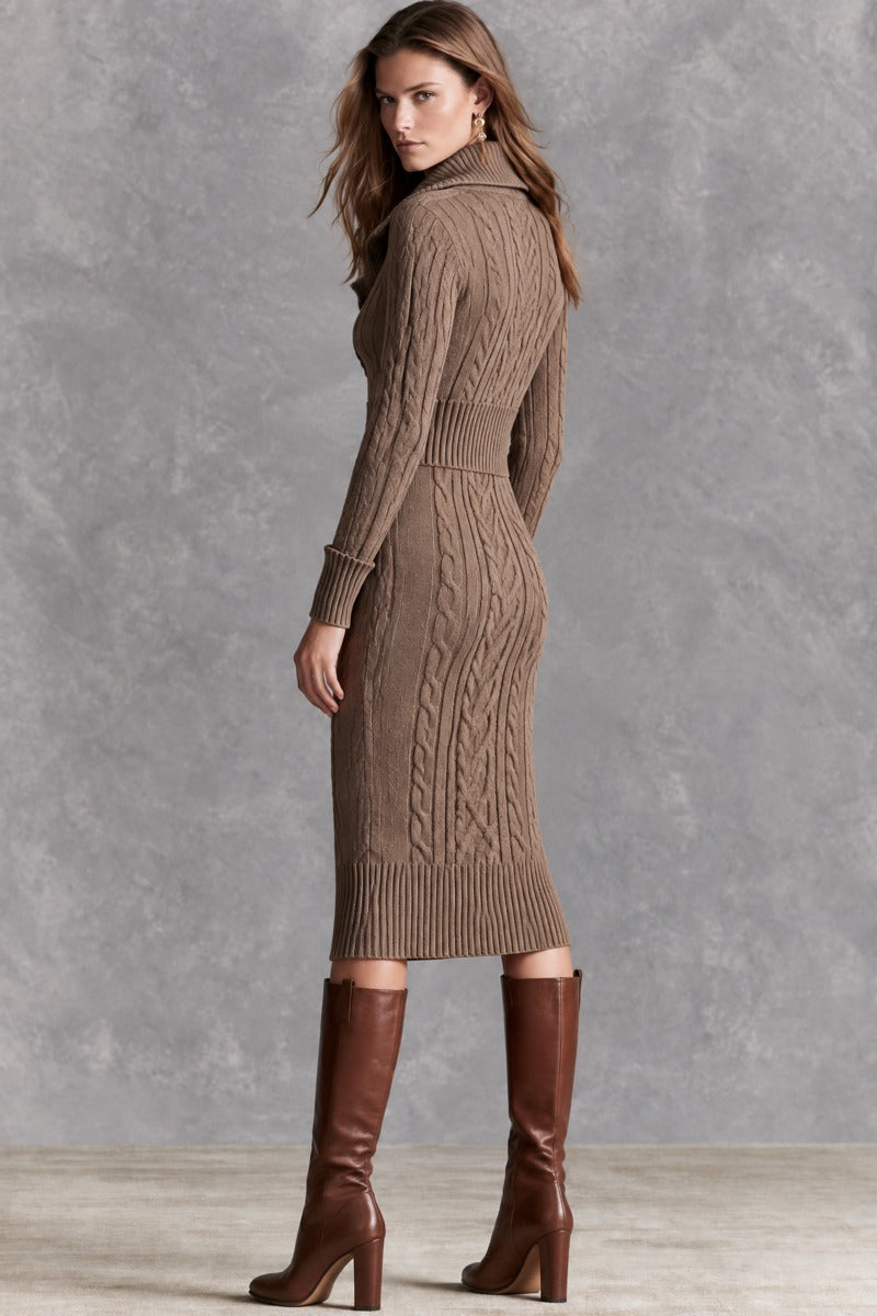 Retro Asymmetric Diagonal Zip Collared Taupe Cable Knit Midi Dress