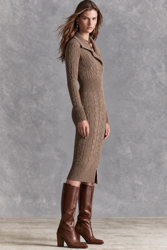 Retro Asymmetric Diagonal Zip Collared Taupe Cable Knit Midi Dress
