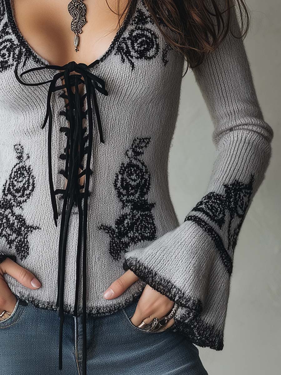 Vintage Rose Pattern Tie-neck Knit Sweater