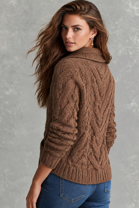 Beech Brown Asymmetric Diagonal Zip Cowl Neck Cable Knit Sweater