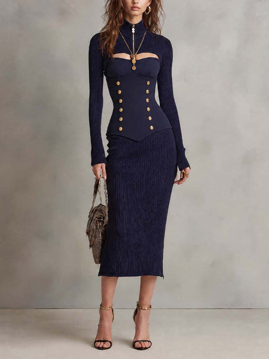 Elegant Ribbed Knit Cutout Corset Midi Dress with Gold Button Details