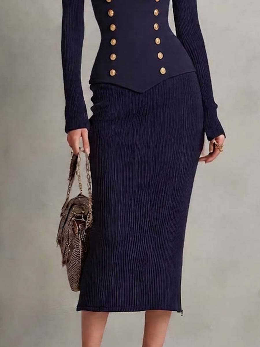Elegant Ribbed Knit Cutout Corset Midi Dress with Gold Button Details
