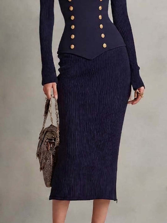 Elegant Ribbed Knit Cutout Corset Midi Dress with Gold Button Details