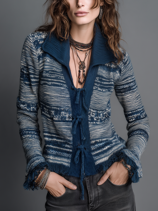 Artisan Navy Blue Tie-Front Patterned Knit Cardigan