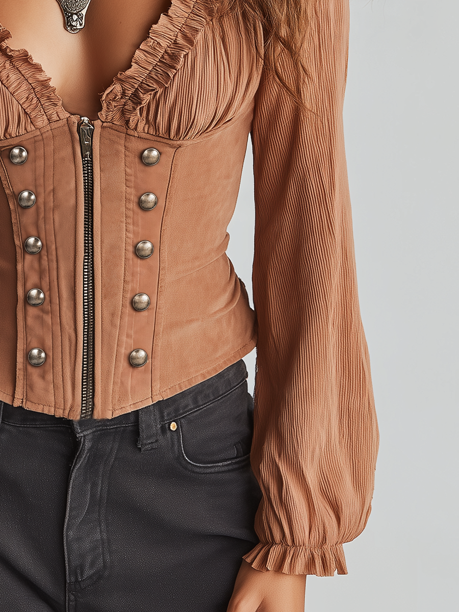 Romantic Caramel Brown Corset Ruffle Blouse