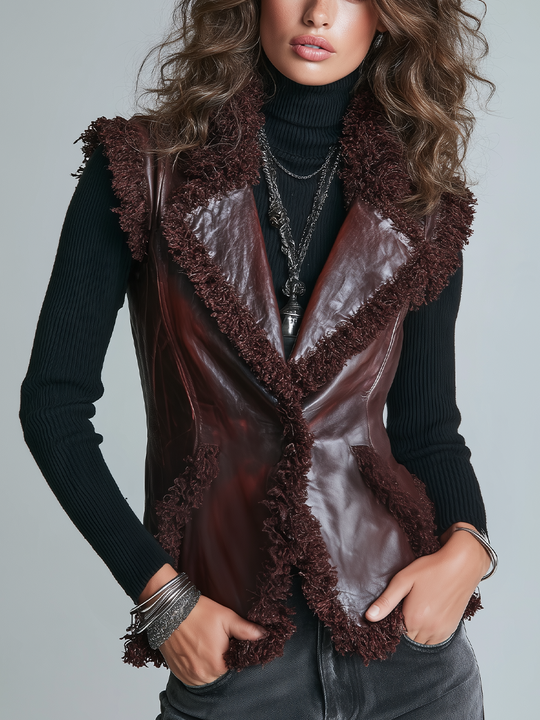 Vintage Burgundy Fringe-Trim Faux Leather Vest
