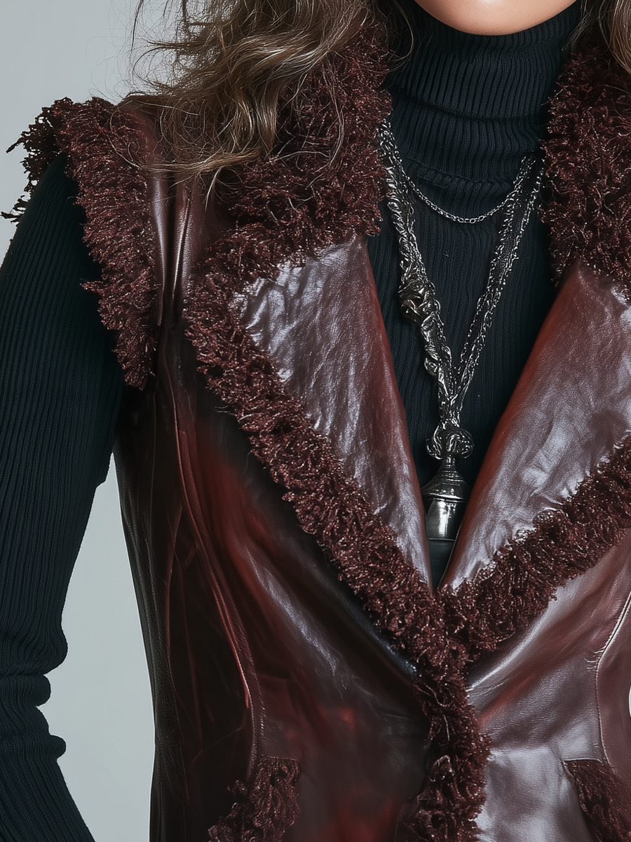 Vintage Burgundy Fringe-Trim Faux Leather Vest