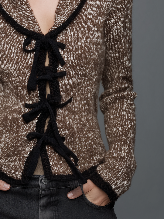 Vintage Mocha Brown Tie-Front Marled Knit Cardigan