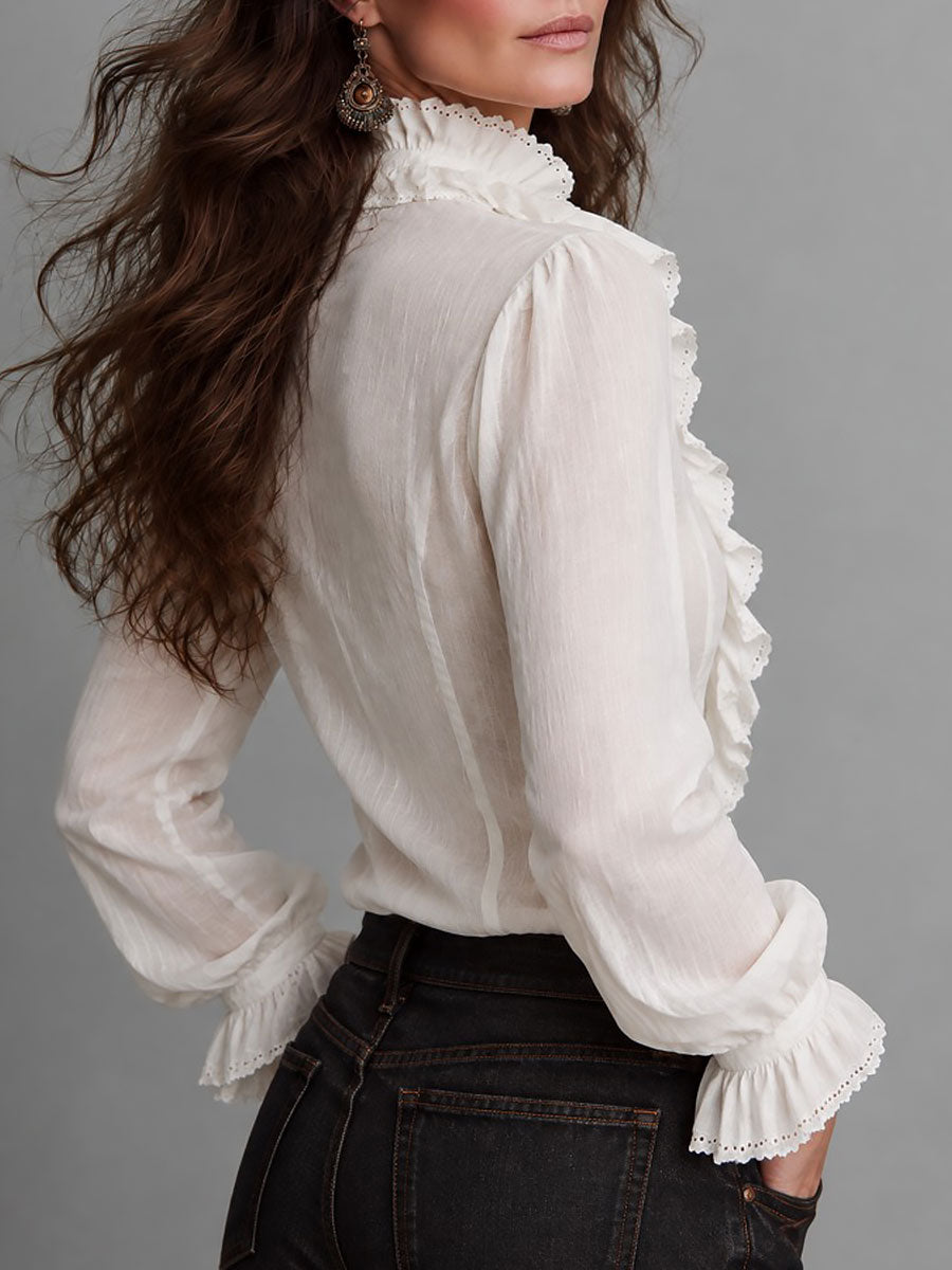 Retro Ruffled Eyelet Lace Front Long Sleeve Blouse