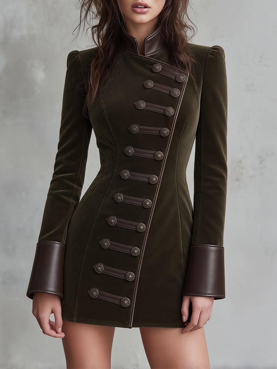 Military Style Faux Leather Trim Mini Dress with Button Detail