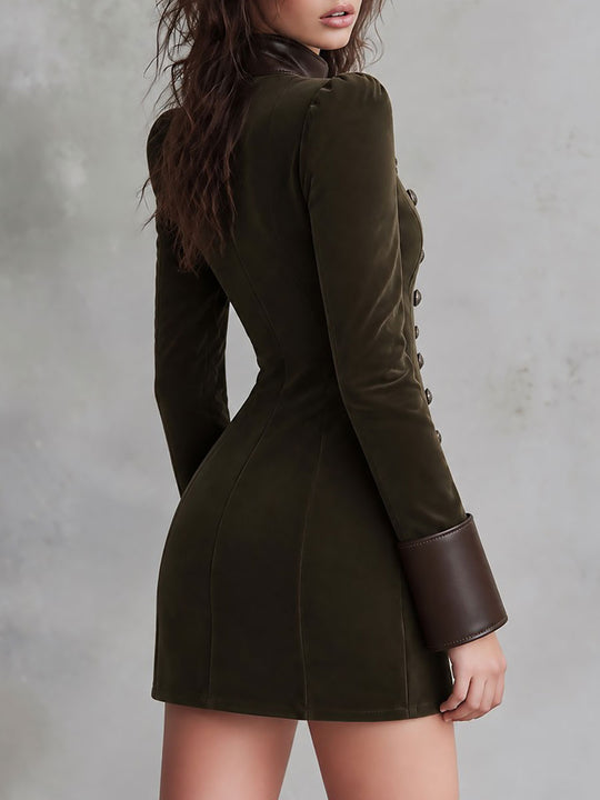 Military Style Faux Leather Trim Mini Dress with Button Detail