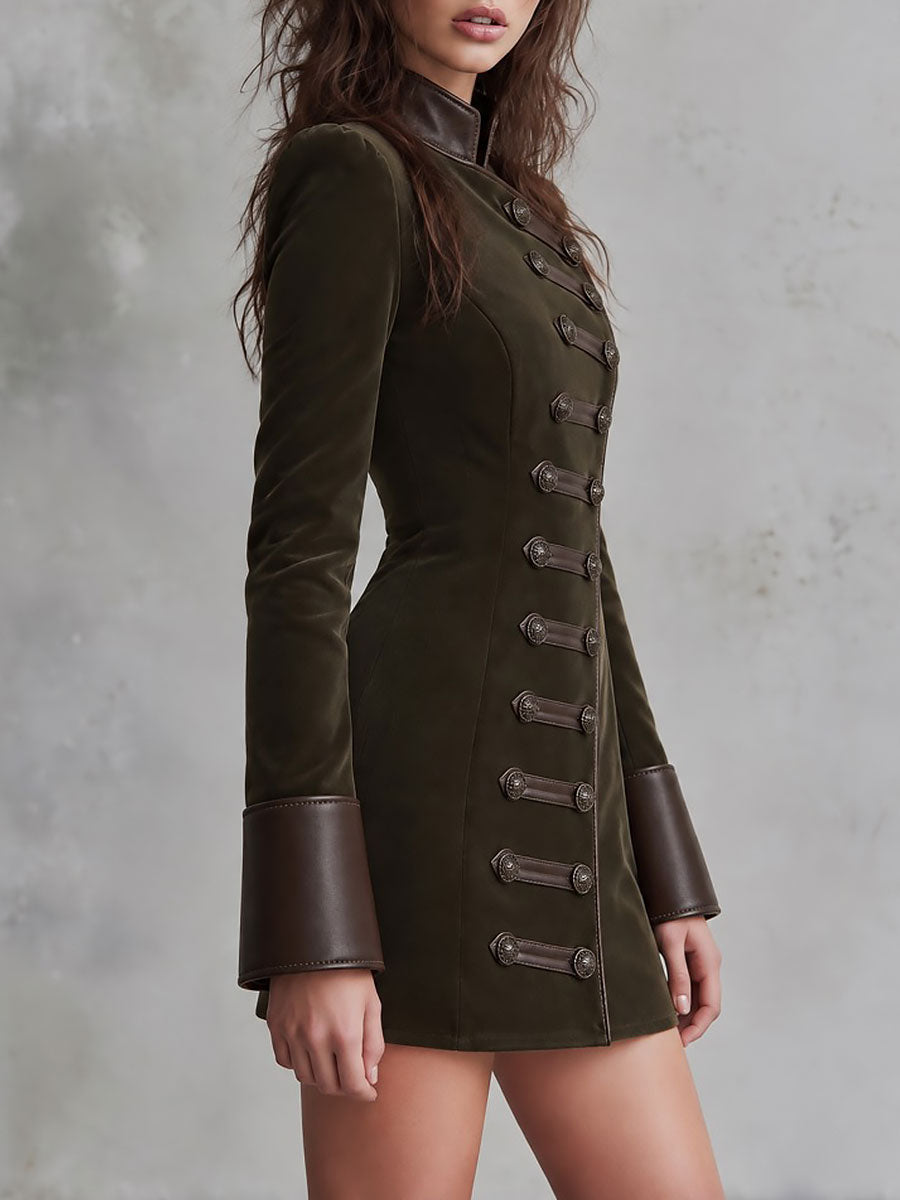 Military Style Faux Leather Trim Mini Dress with Button Detail