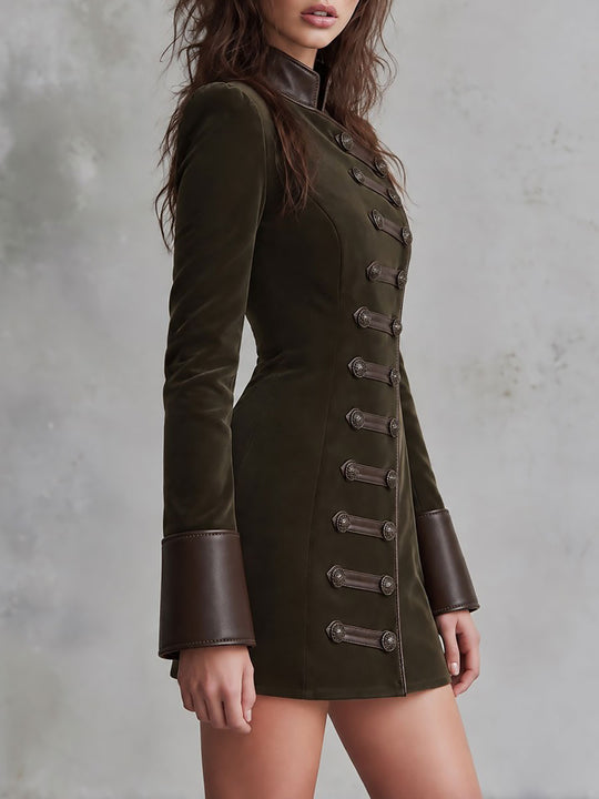 Military Style Faux Leather Trim Mini Dress with Button Detail