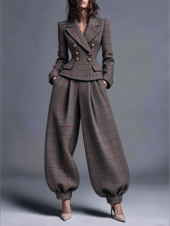 Retro Tailored Double-Breasted Plaid Blazer
