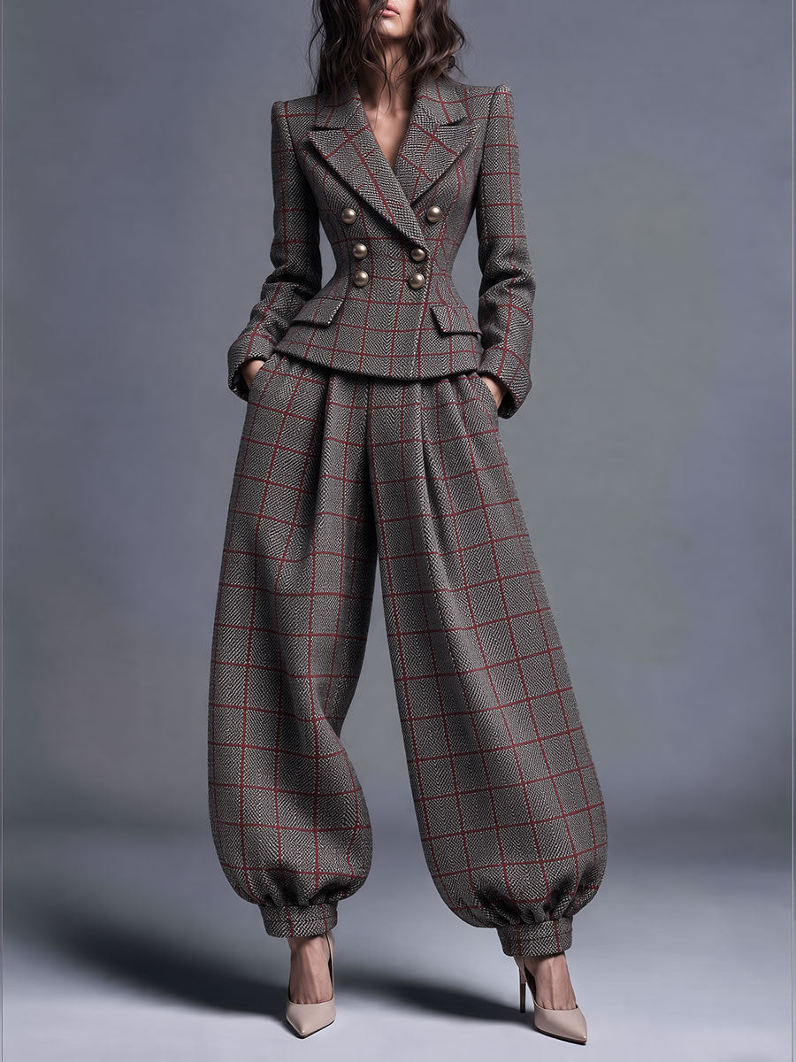 Vintage Plaid Wool-blend Balloon Pants