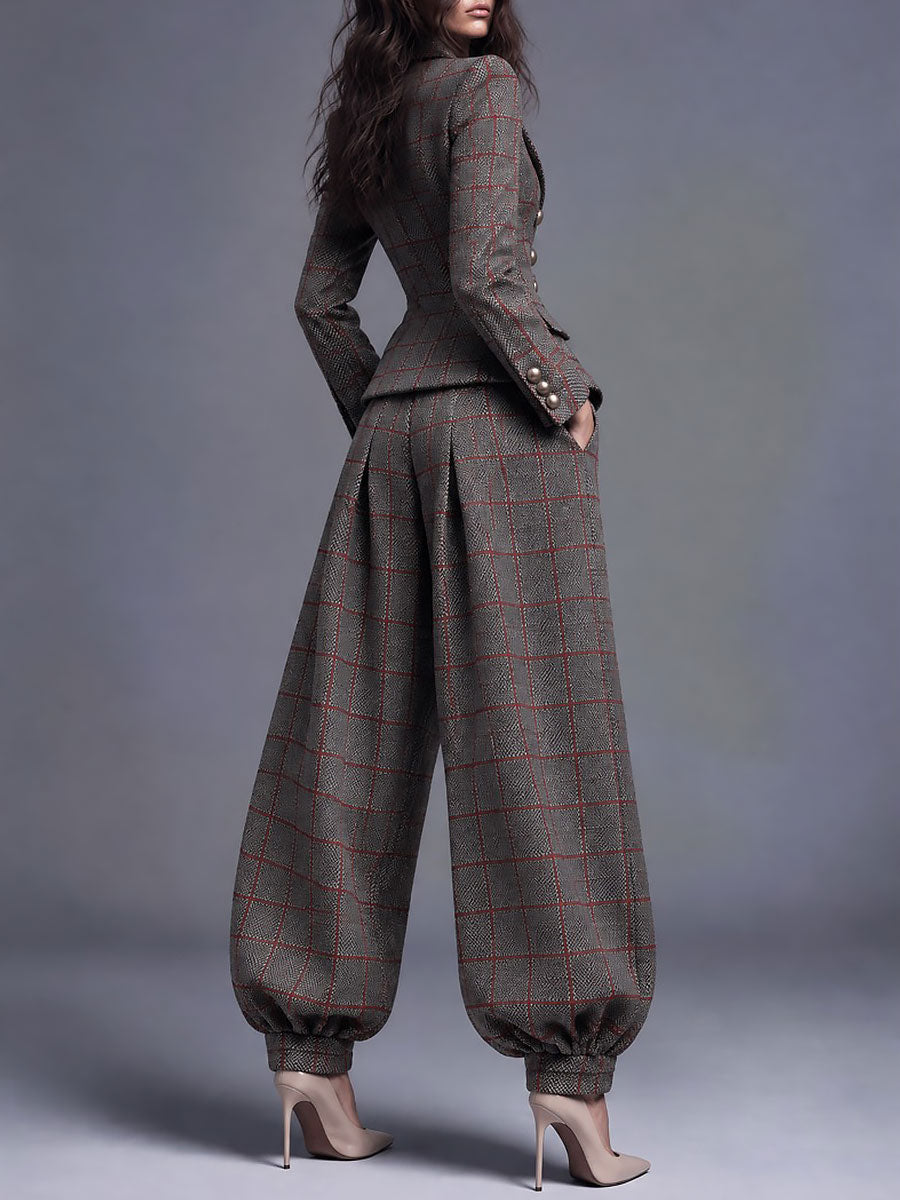 Vintage Plaid Wool-blend Balloon Pants
