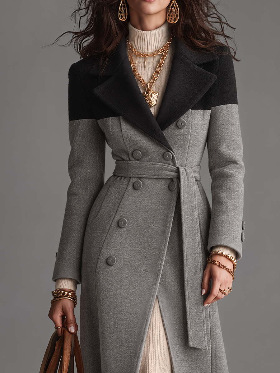 Elegant Gray Colorblock Belted Double-Breasted Maxi Coat