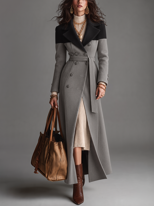 Elegant Gray Colorblock Belted Double-Breasted Maxi Coat