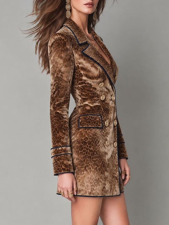 Quiet Luxury Leopard Print Double-Breasted Blazer Contrasting Piping