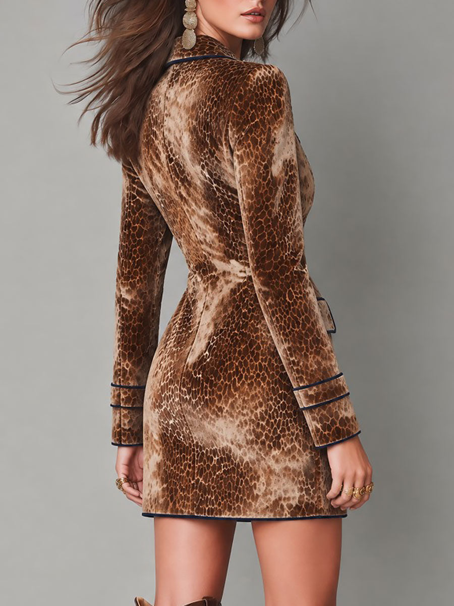 Quiet Luxury Leopard Print Double-Breasted Blazer Contrasting Piping