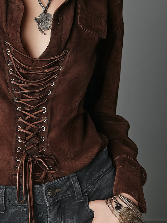 Relaxed Chocolate Brown Lace-Up Shirt Blouse