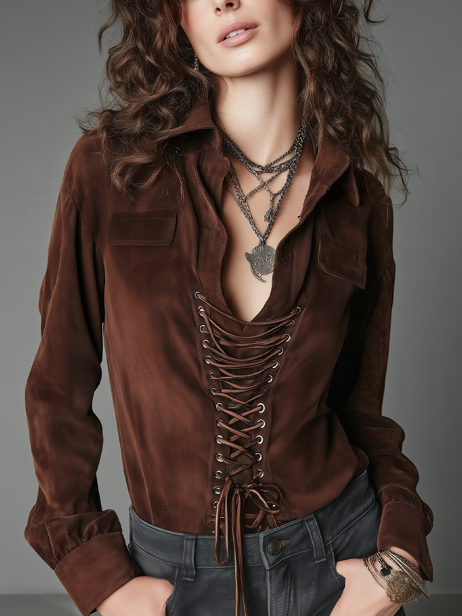 Relaxed Chocolate Brown Lace-Up Shirt Blouse