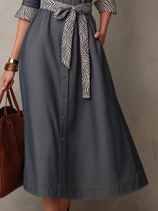 Women's Denim Shirt Dress with Zebra Print Collar & Tie Belt