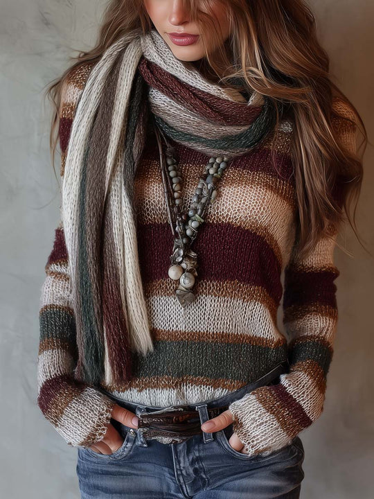 Retro Striped Sweater With Scarf