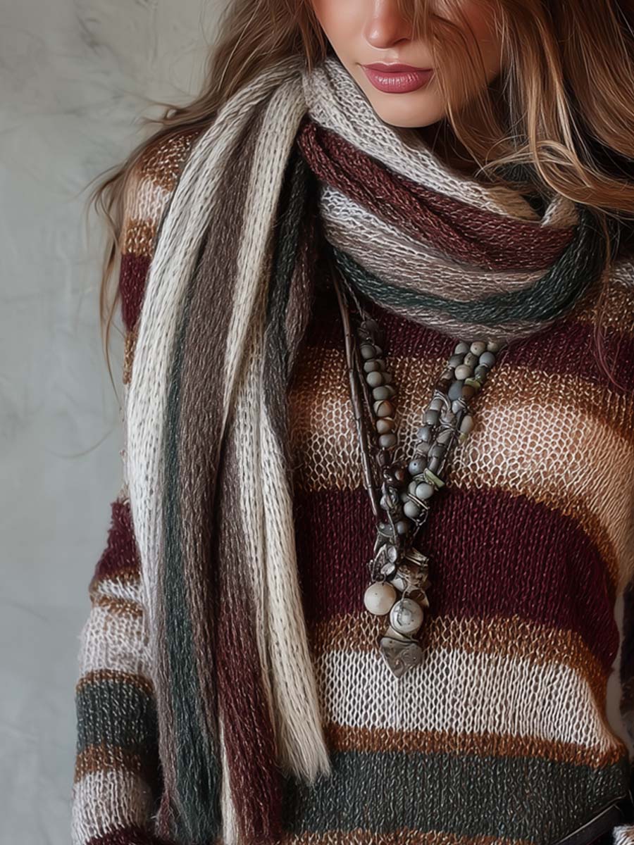 Retro Striped Sweater With Scarf