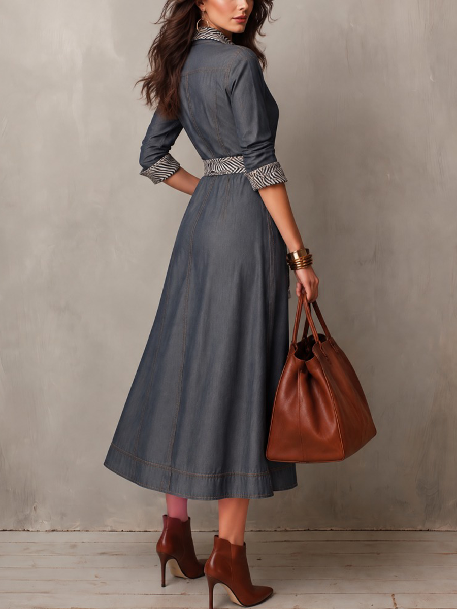 Women's Denim Shirt Dress with Zebra Print Collar & Tie Belt
