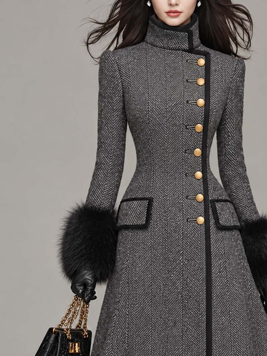 Vintage-style Herringbone Wool-blend Long Coat