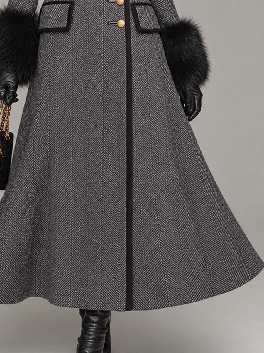 Vintage-style Herringbone Wool-blend Long Coat