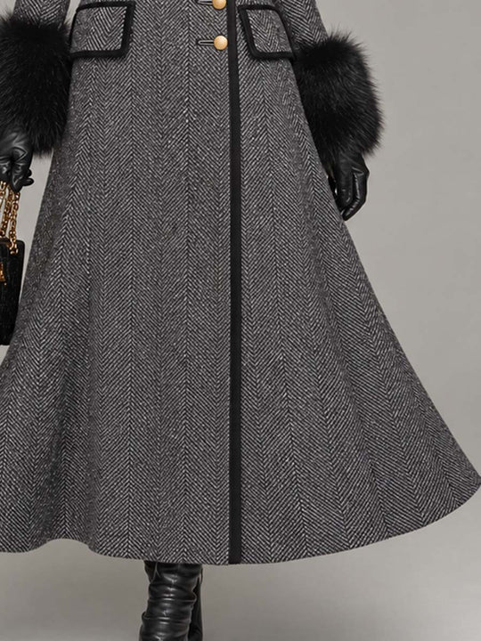 Vintage-style Herringbone Wool-blend Long Coat
