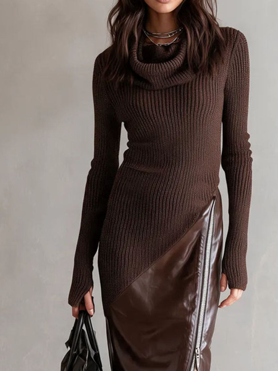 Quiet Luxury Mixed Media Side Zipper Split Midi Dress Rib Knit & PU Leather Panel