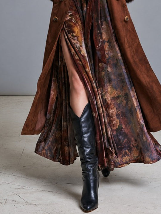 Boho Western Fur Trim Suede Trench Coat With Double Button