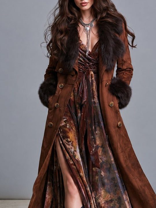 Boho Western Fur Trim Suede Trench Coat With Double Button