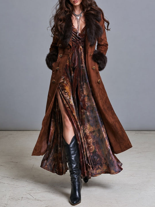 Boho Western Fur Trim Suede Trench Coat With Double Button